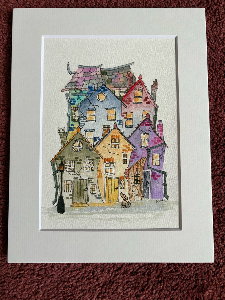 Row of Quirky Watercolour Houses, Original Hand-Painted Mounted 9x7 for 7x5 