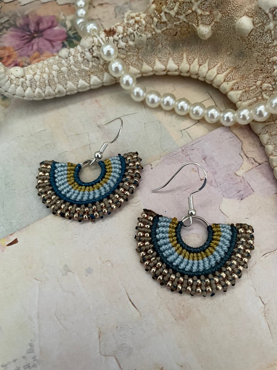 Boho blue and gold macrame dangle fan design hoop earrings, gift for her, mum 