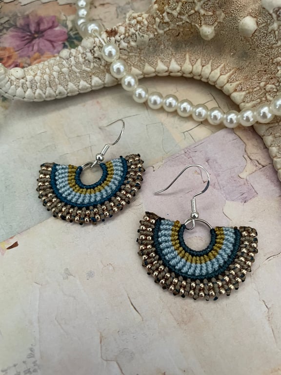Boho blue and gold macrame dangle fan design hoop earrings, gift for her, mum 