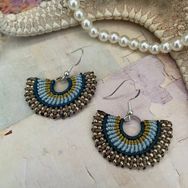 Boho blue and gold macrame dangle fan design hoop earrings, gift for her, mum 