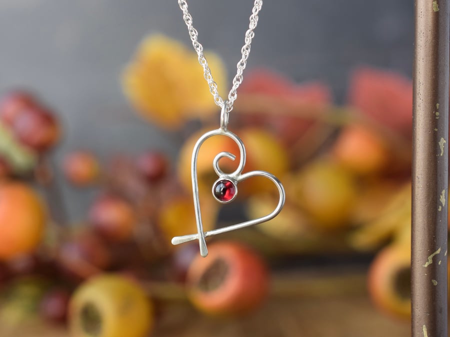 Silver Heart Necklace with red garnet gemstone
