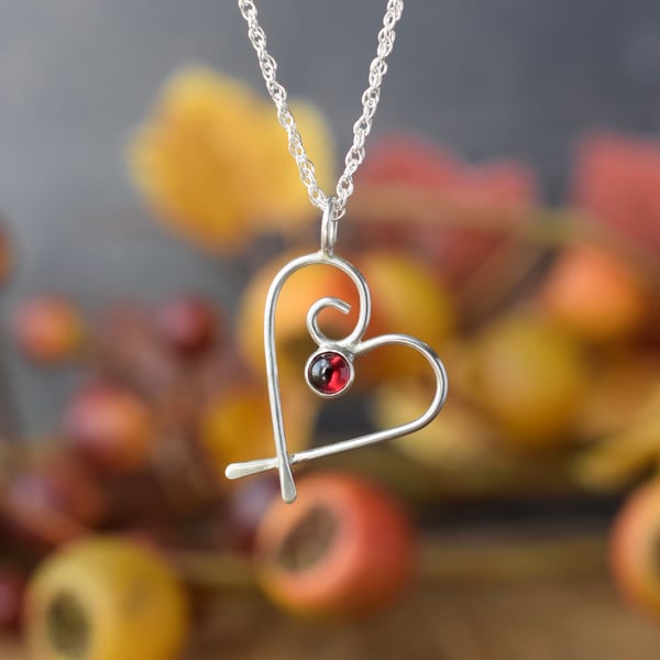 Silver Heart Necklace with red garnet gemstone