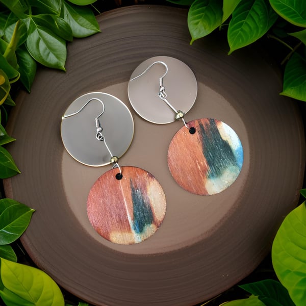 Earrings - Boho style, Dangle, Alcohol Ink on Wood - Gold Plated, Freepost