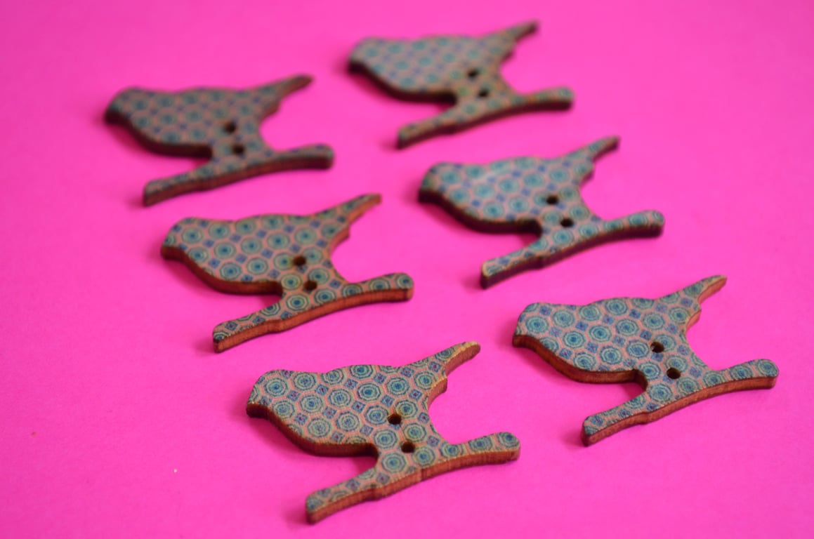 Wooden Bird Buttons Retro Blue Pink Lilac 6pk 30x20mm (BD3)