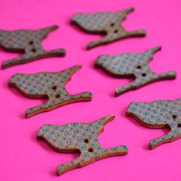 Wooden Bird Buttons Retro Blue Pink Lilac 6pk 30x20mm (BD3)