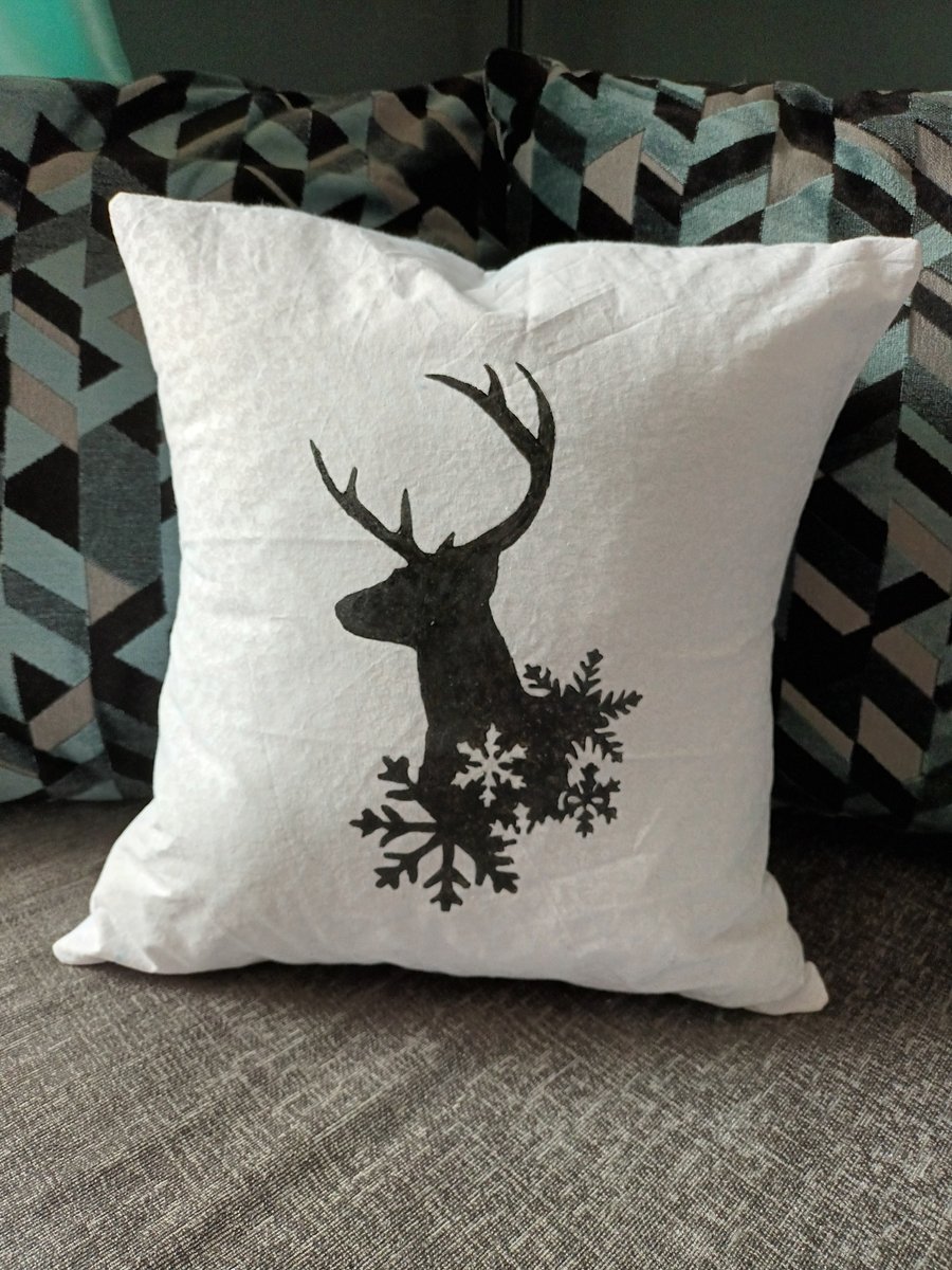 hand painted stag head cushion 