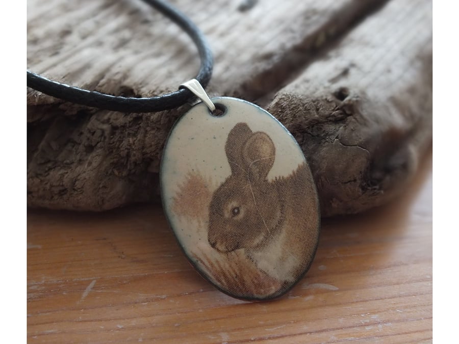 Rabbit oval enamelled pendant
