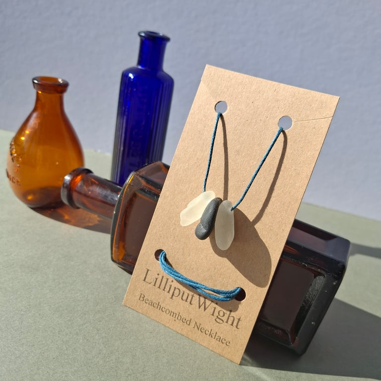 Beachcombed Necklace, Dark Green and White Sea Glass on a Cotton Cord 