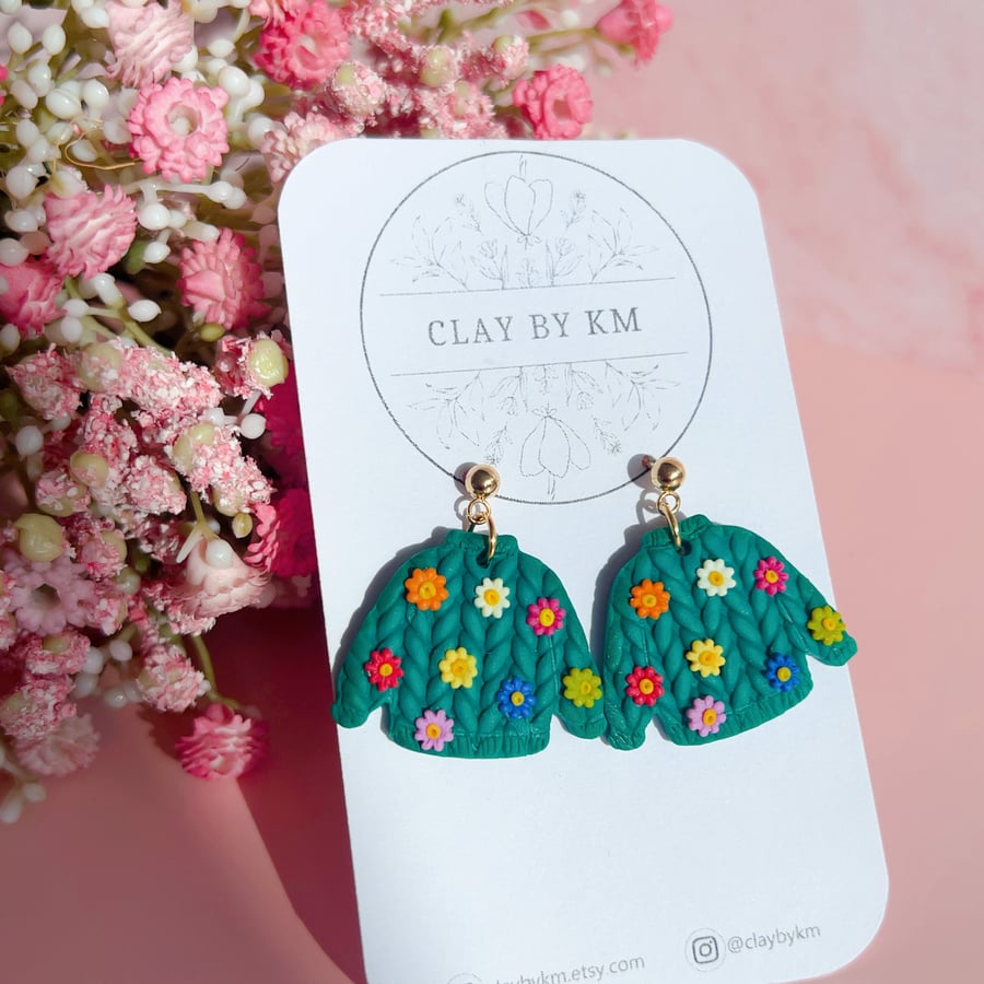 Floral sweater clay earrings, Colourful dangle jewellery for gift