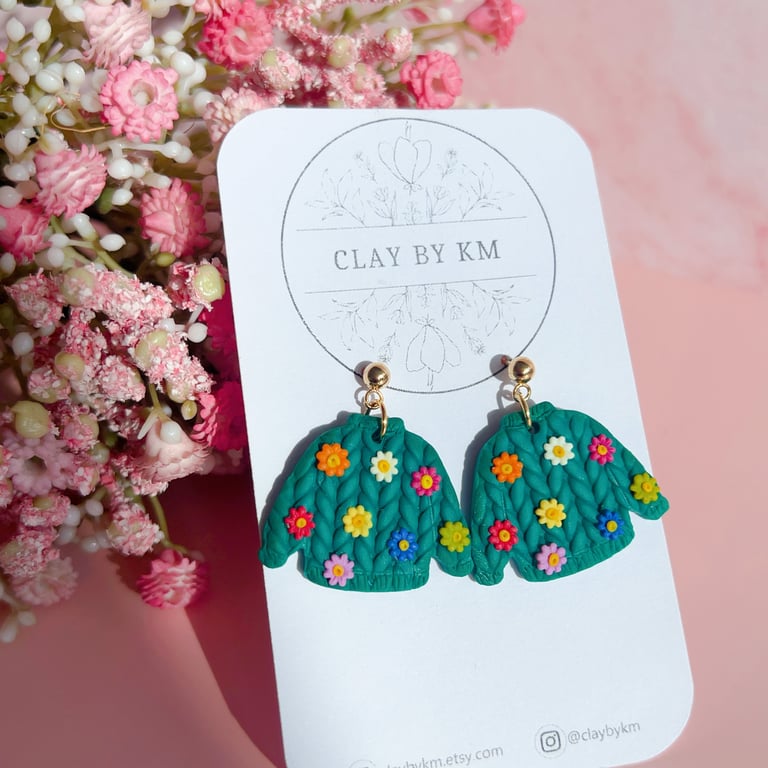 Floral sweater clay earrings, Colourful dangle jewellery for gift