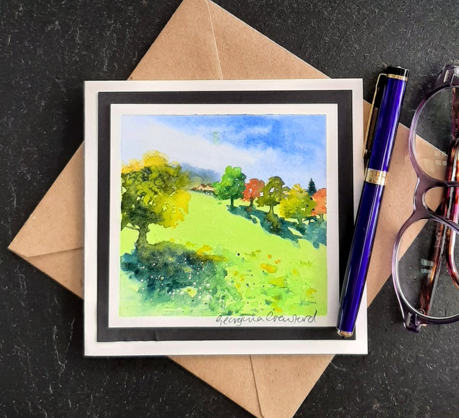 Blank Card. Trees at the Park. Handpainted Watercolour Keepsake