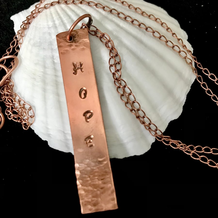 Solid Copper 60mm “HOPE” Pendant, Oxidised, 16” Chain Perfect Gift 