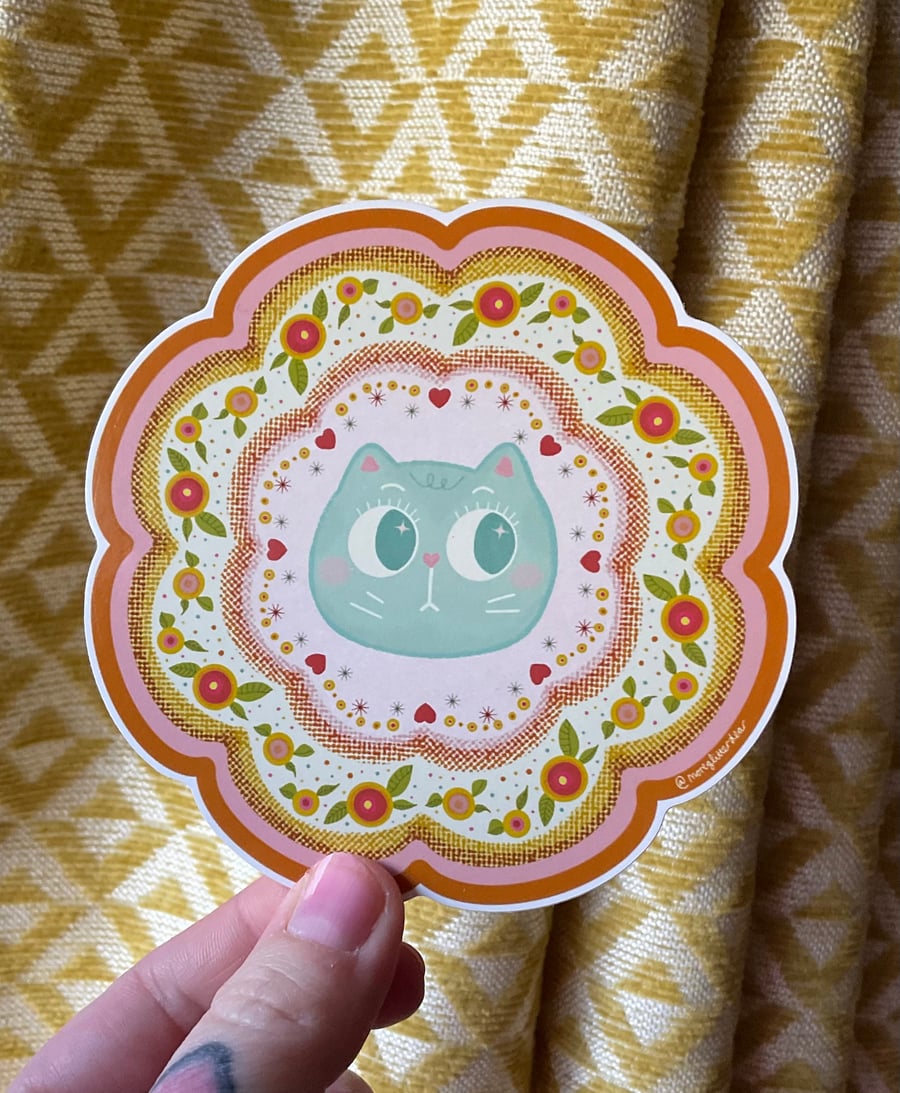 Cottagecore blue cat 10cm vinyl sticker