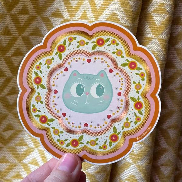 Cottagecore blue cat 10cm vinyl sticker