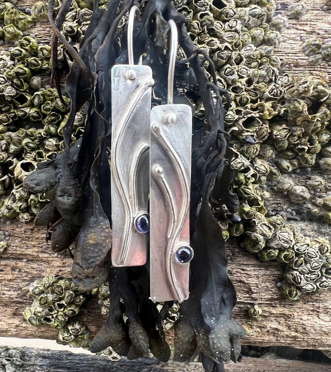 Sterling Silver Seaweed Earrings with Iolite Gemstones