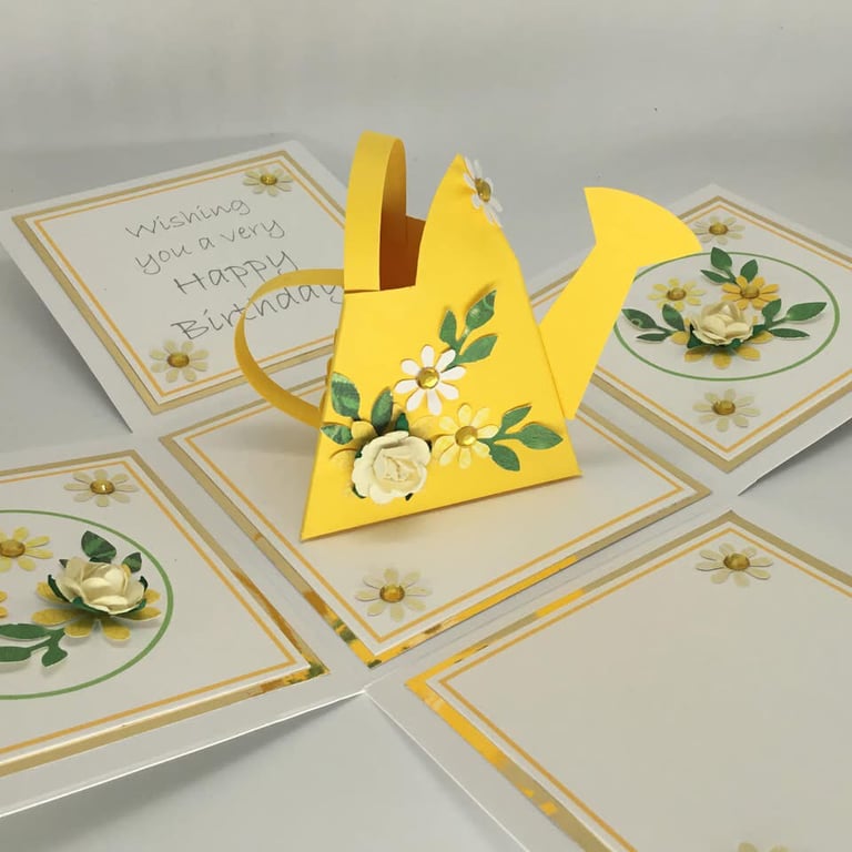 3D watering can exploding box birthday card - yellow