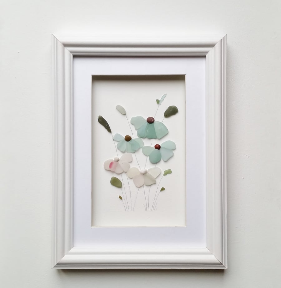 Sea Glass Flowers, Framed Wall Art, Unusual Gifts for women, Quirky Gift Ideas