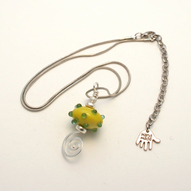 Yellow And Green Lampwork Glass Necklace - Bead and Silver Wire Spiral Pendant