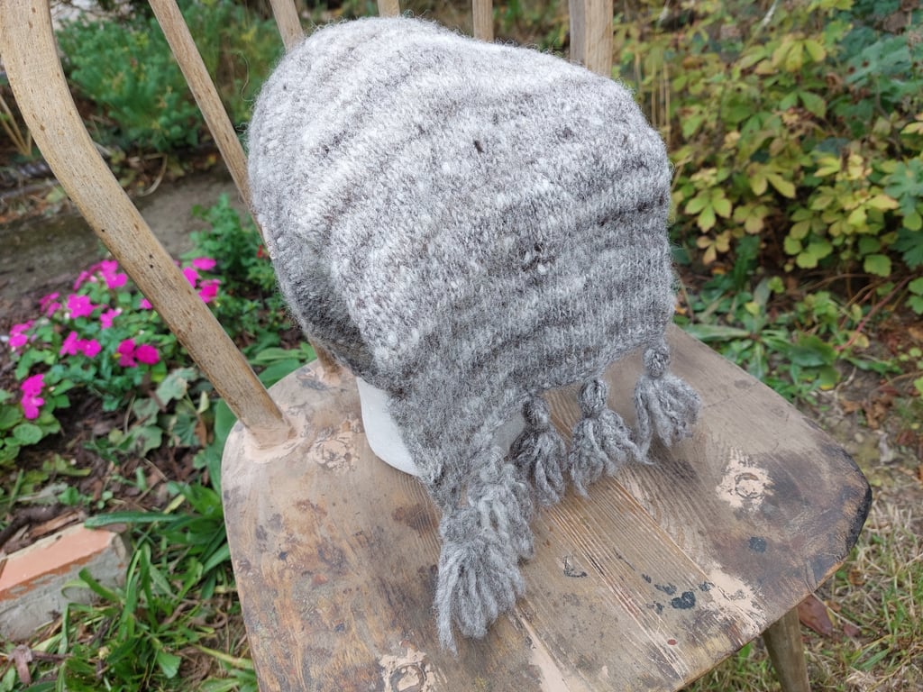 Handspun, Hand-knitted 5-Tassel Hat in Jacobs Wool