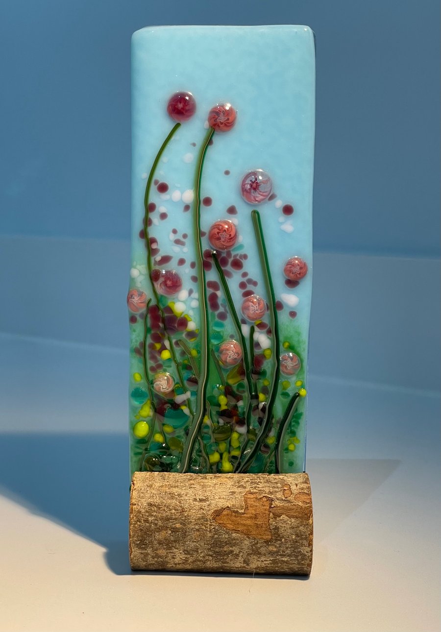  Fused glass floral art on wooden stand