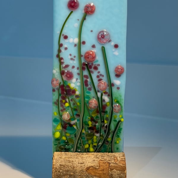  Fused glass floral art on wooden stand