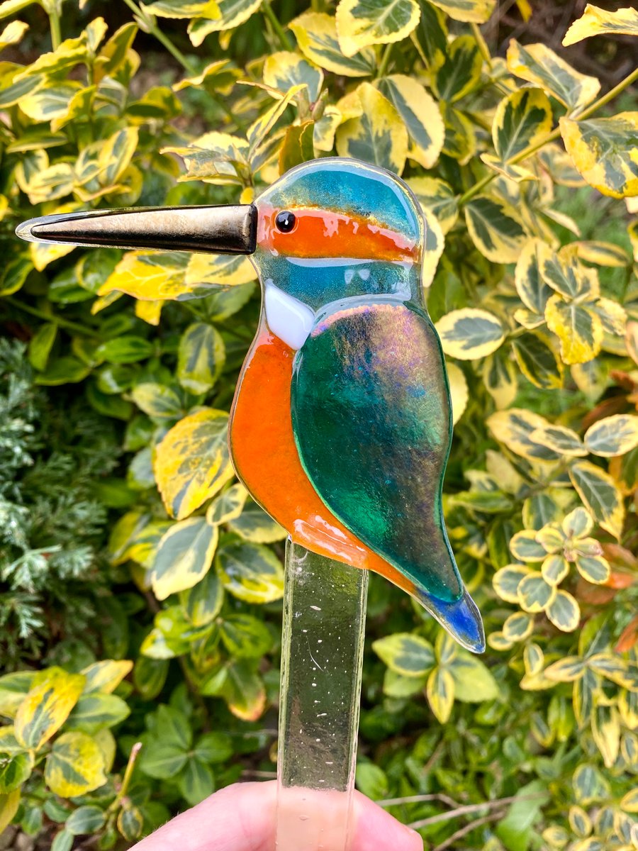 Fused glass iridescent kingfisher garden stake plant pot decoration sun catcher 