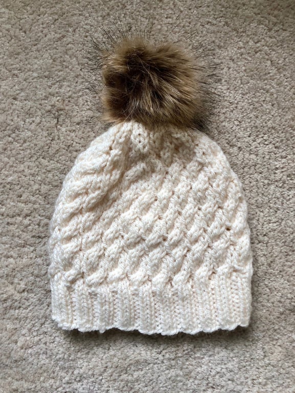 Hand Knitted Aran Hat with removable pom pom