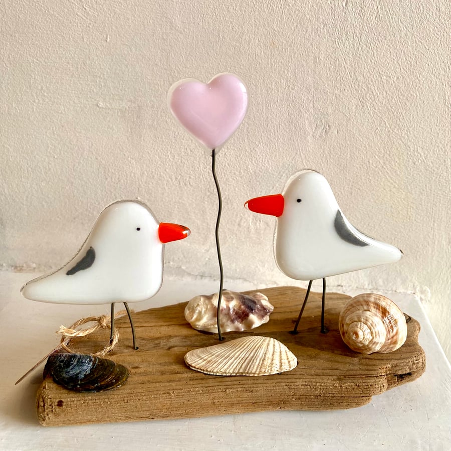 Unique fused glass bird seagulls ornament figure on wooden driftwood stand 