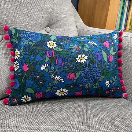 Vintage Flower Waltz cushion cover with reclaimed denim and pompom trim