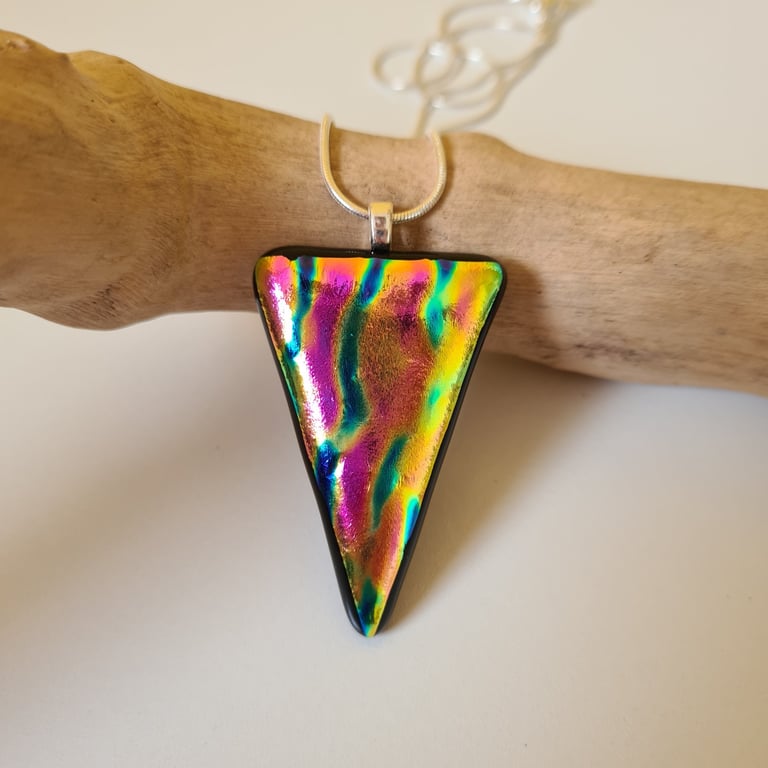 Metallic, triangular fused glass pendant