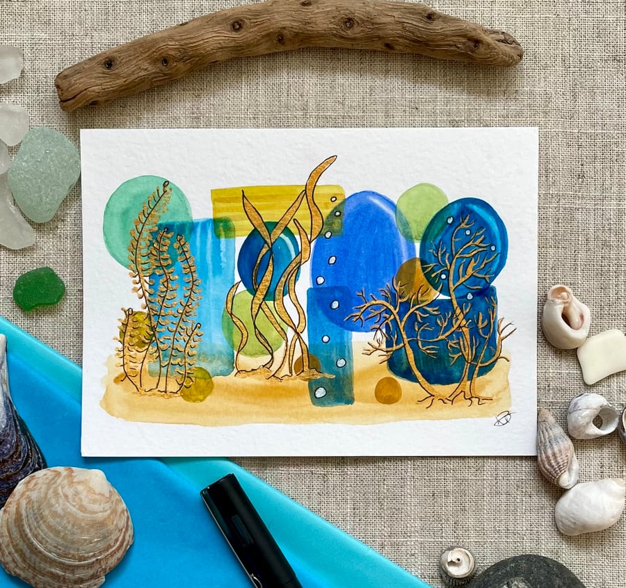 Postcard Art, original hand painted abstract seascape in watercolour and ink