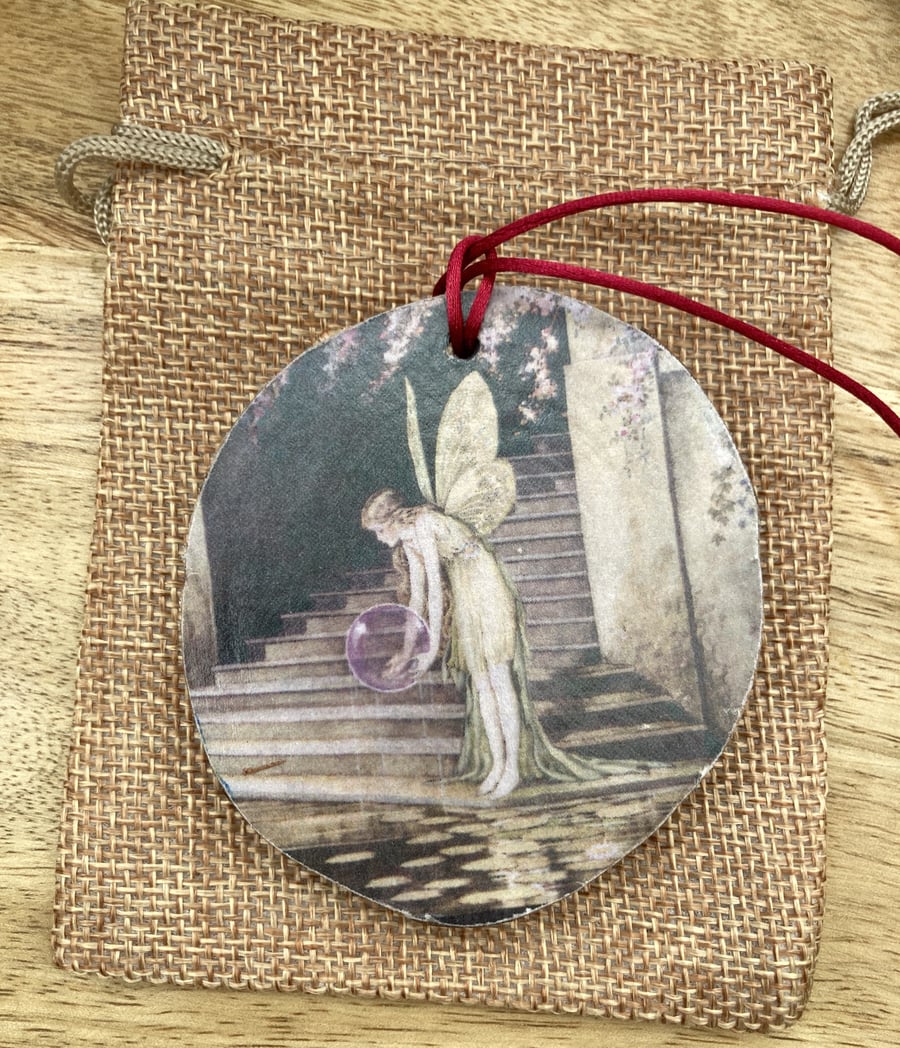 Vintage Fairy Hanging Decoration on Wood Slice Fairy Gift