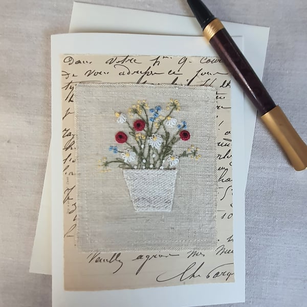 Hand embroidered blank greetings card