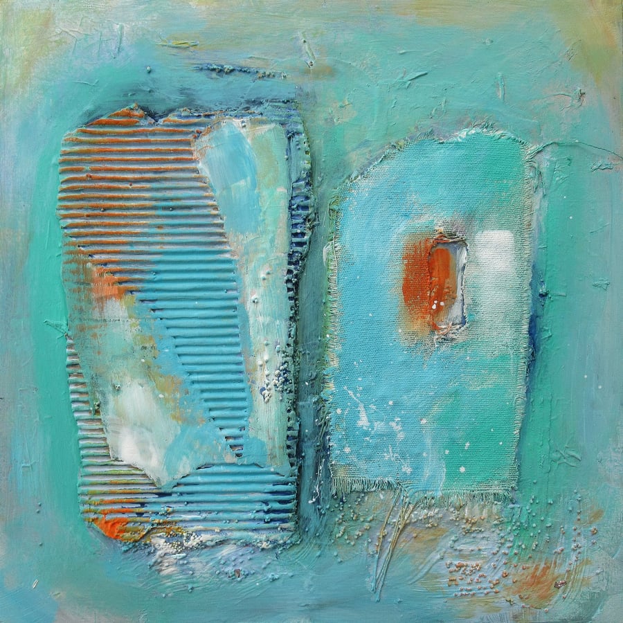 Textured Abstract Painting Coastal Marine Sea Turquoise Orange Minimal Artwork
