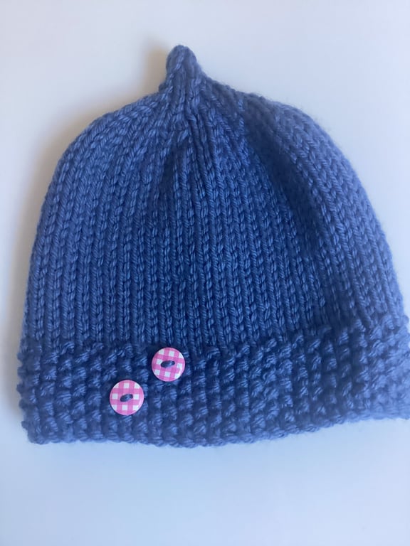 Baby hat denim blue hand knitted 3-12 months 