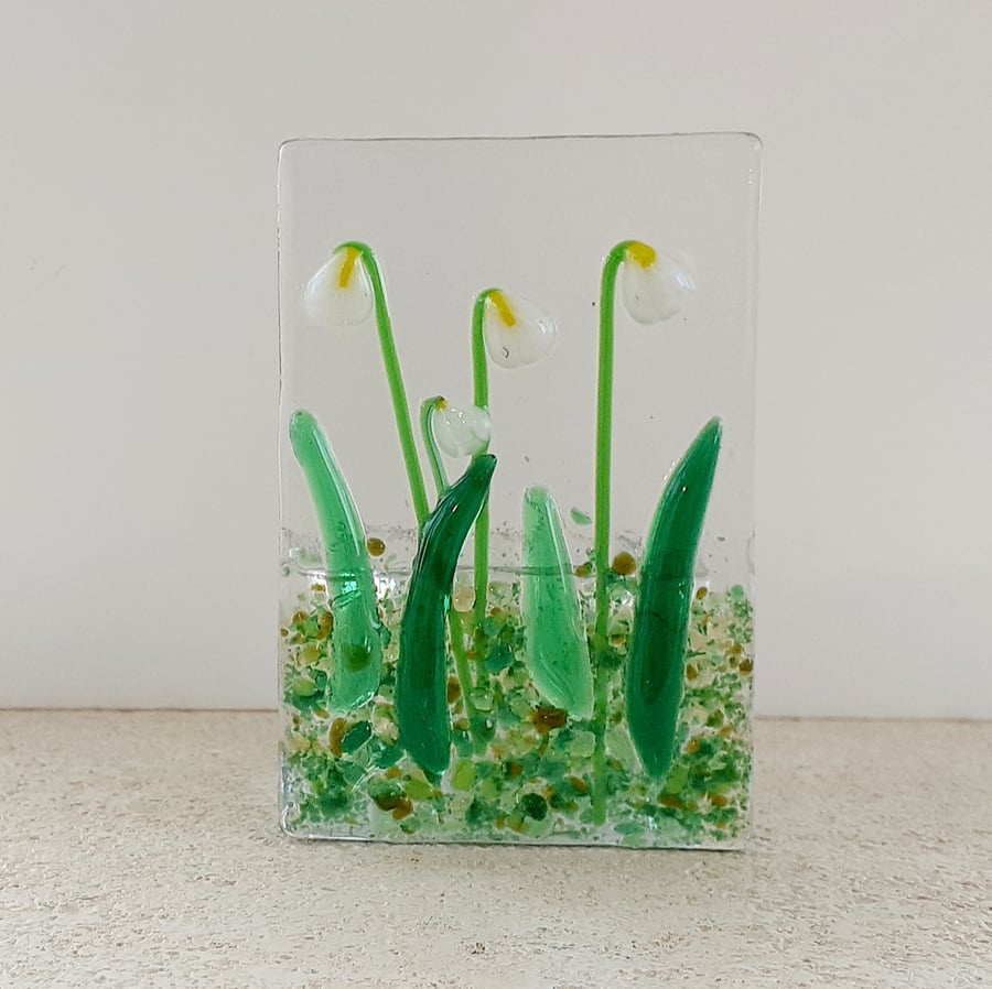 Fused glass tealight candle holder panel, snowdrops