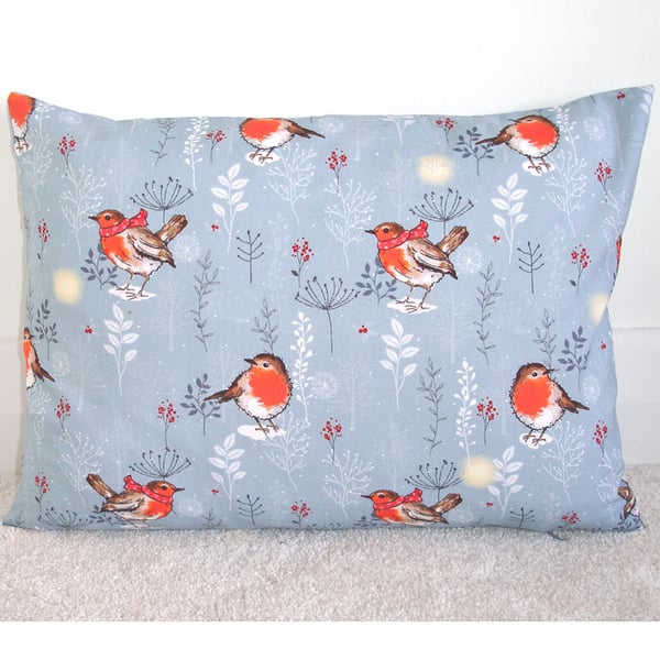 Christmas Cushion Cover Robin 16" x 12"  Red Robins Grey Oblong 12x16