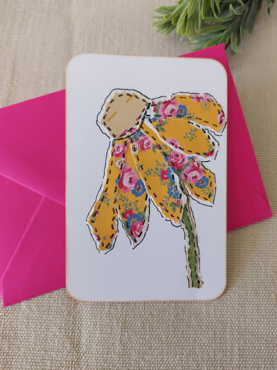 Handmade Flower Collage Notecard - Eco Friendly Flat Card (A6) Yellow