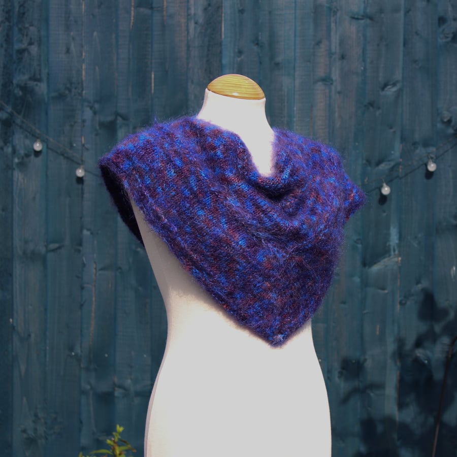 Hand knit blue and purple Mohair shawl - design D198