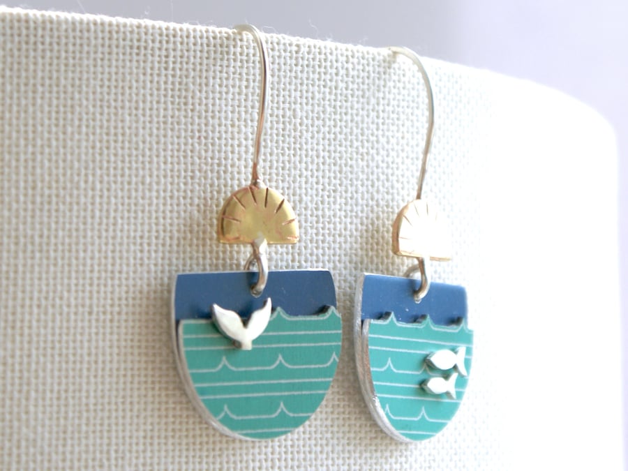 Whale and fish landscape drop earrings