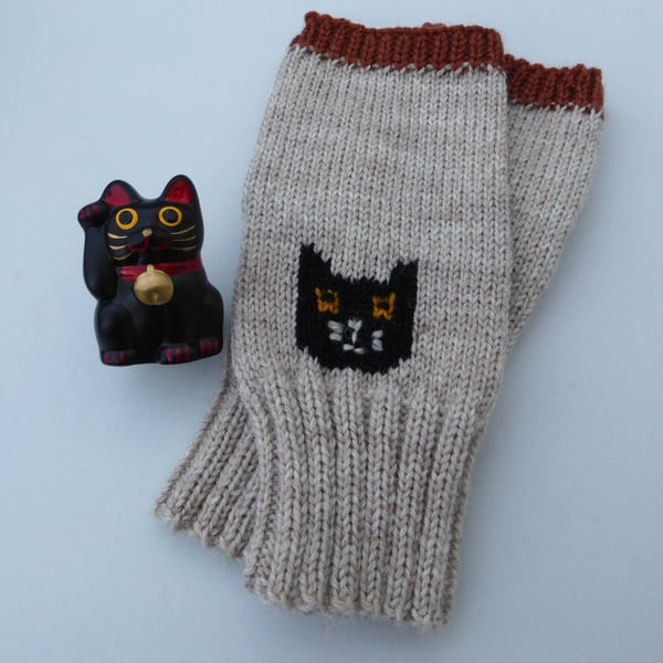 Black Cat Merino Wool Fingerless gloves