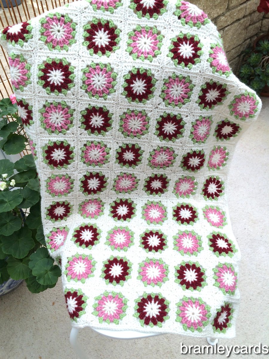 Pretty Flower Merino and Acrylic Burgandy, Pink, Cream Thick Crochet Cot Blanket