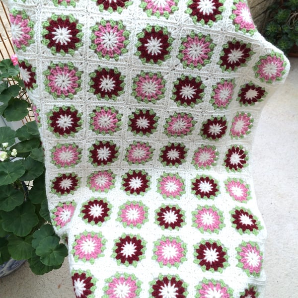 Pretty Flower Merino and Acrylic Burgandy, Pink, Cream Thick Crochet Cot Blanket