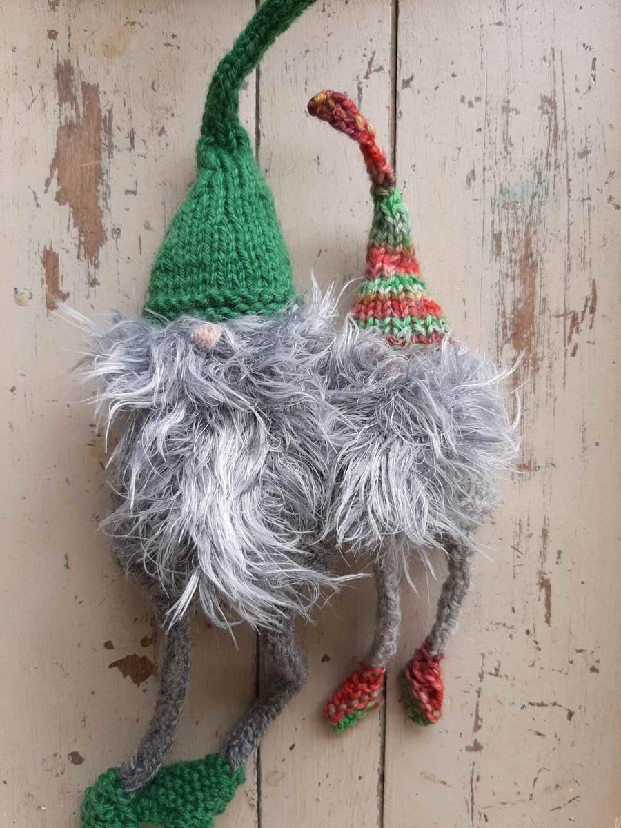 Two hand knitted gnomes 