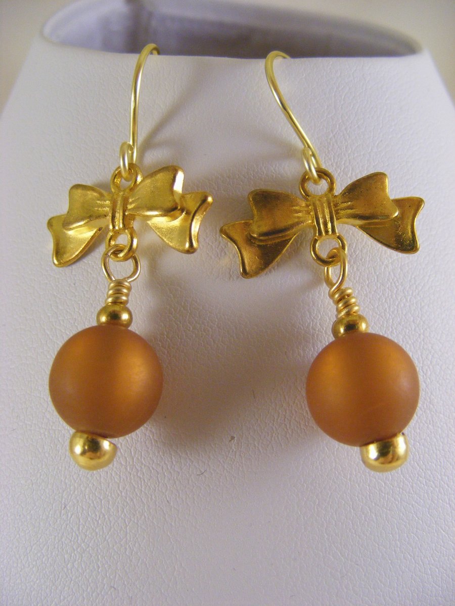 Brown and Gold Bow Dangle Earrings.