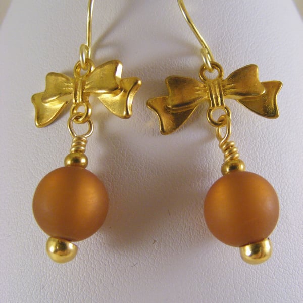 Brown and Gold Bow Dangle Earrings.