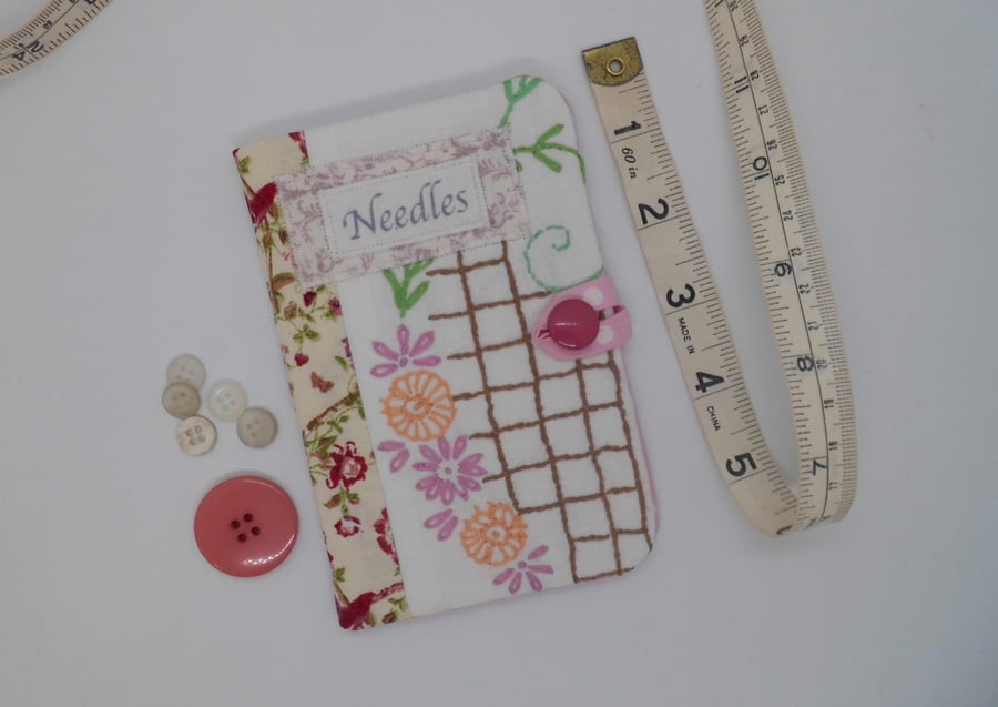 SOLD Sewing needle case pink with reclaimed embroidery