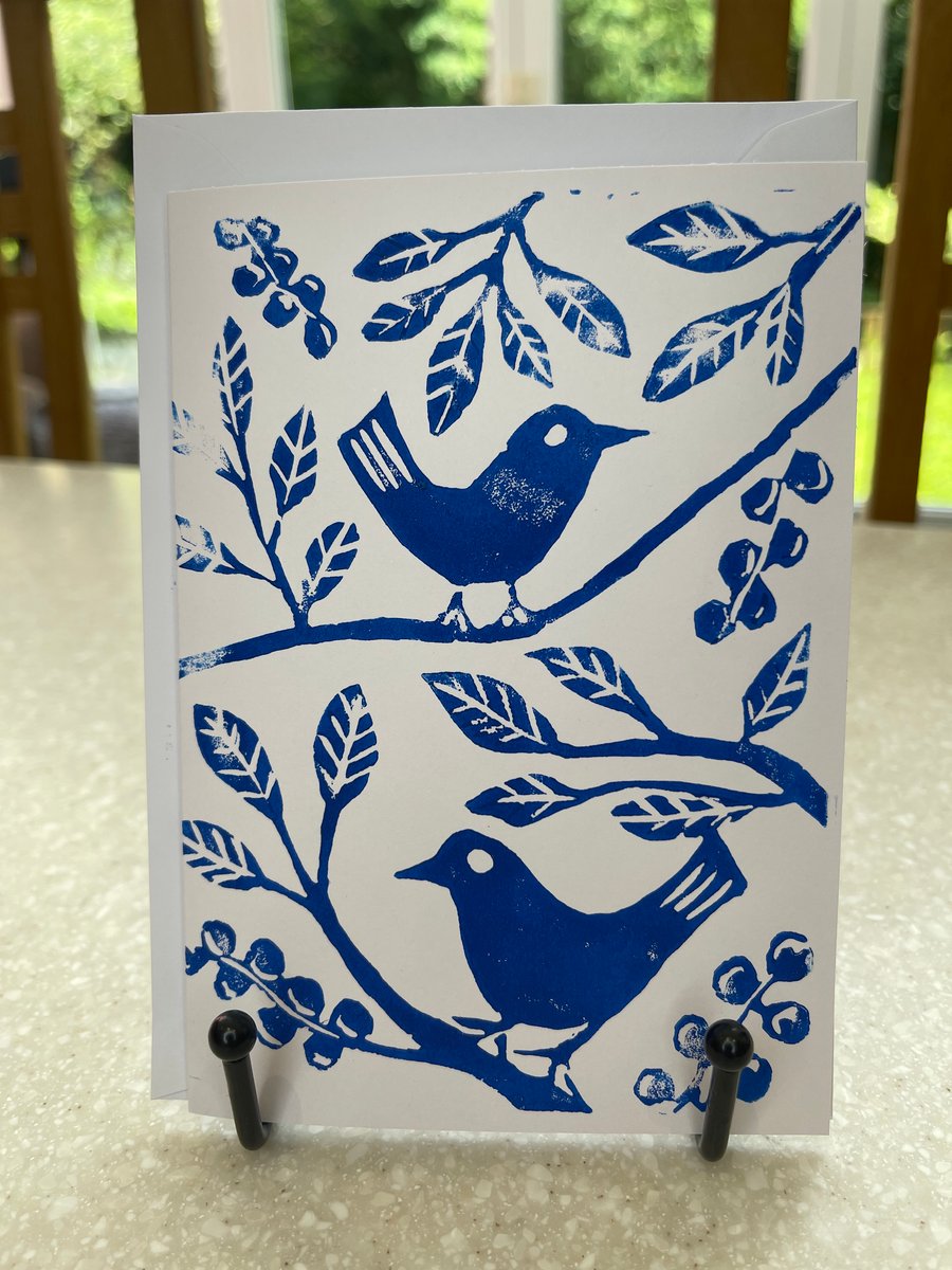 Blue birds, hand printed Lino cut greetings card