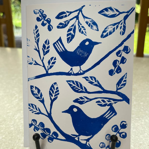 Blue birds, hand printed Lino cut greetings card