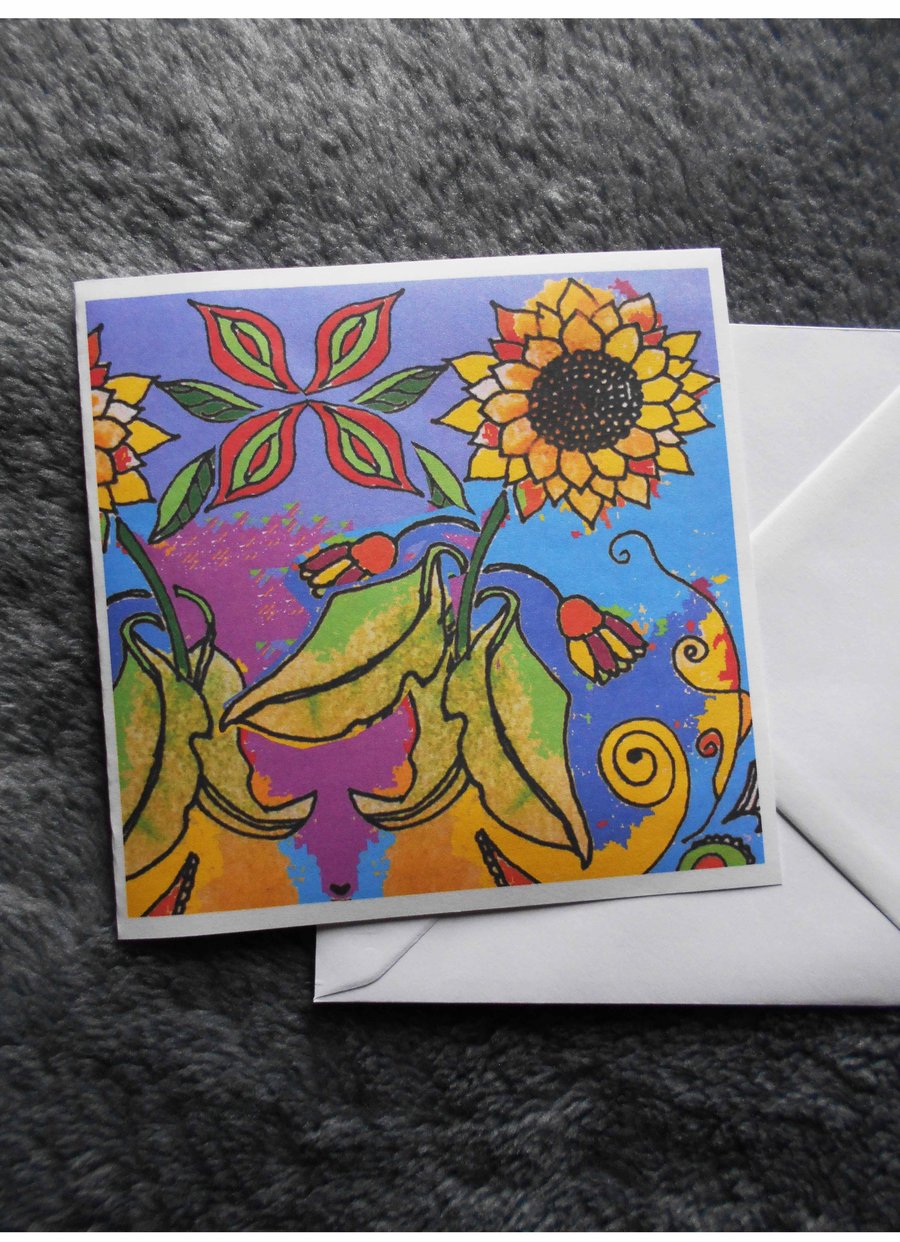 Handdrawn 'Sunflower' Square Greeting Card or Pack of 4 Cards